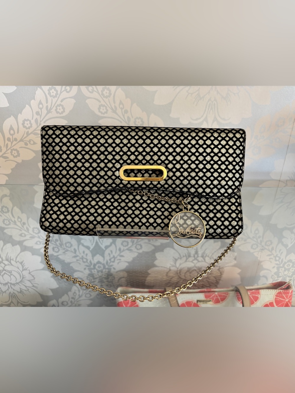 Christian Louboutin Black & Gold Bettina Clutch with Gold Chain and Charm
